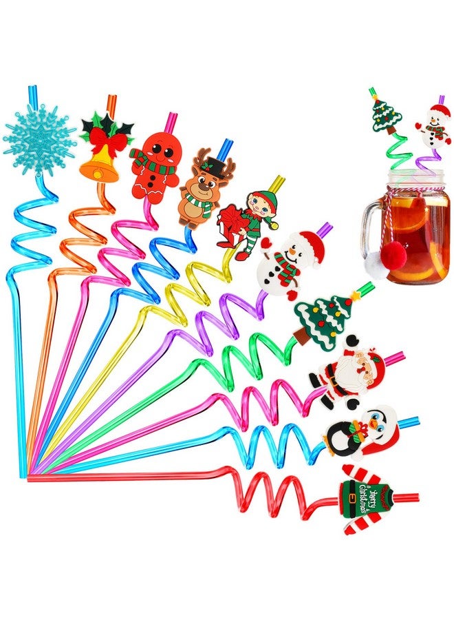 جانيون مصاصات عيد الميلاد، 20 قطعة من مصاصات الشرب البلاستيكية القابلة لإعادة الاستخدام لحفلات عيد الميلاد للأطفال، مصاصات شرب على شكل رقاقات ثلج سانتا اللطيفة ورنة عيد الميلاد، لوازم حفلات العطلات (10 أنماط) - Image 1