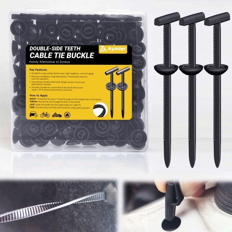 ILKCC 50Pcs Nylon Universal Cable Tie Buckles 2026 Upgraded Heavy Duty Automotive Zipper Clips DoubleSide SelfLocking T Rivet Zip Ties for Car Repairs Garden Workshop Goods Shelves Black - Image 2