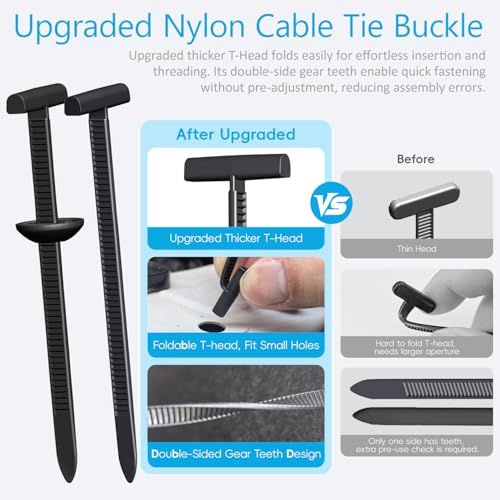 ILKCC 50Pcs Nylon Universal Cable Tie Buckles 2026 Upgraded Heavy Duty Automotive Zipper Clips DoubleSide SelfLocking T Rivet Zip Ties for Car Repairs Garden Workshop Goods Shelves Black - Image 3