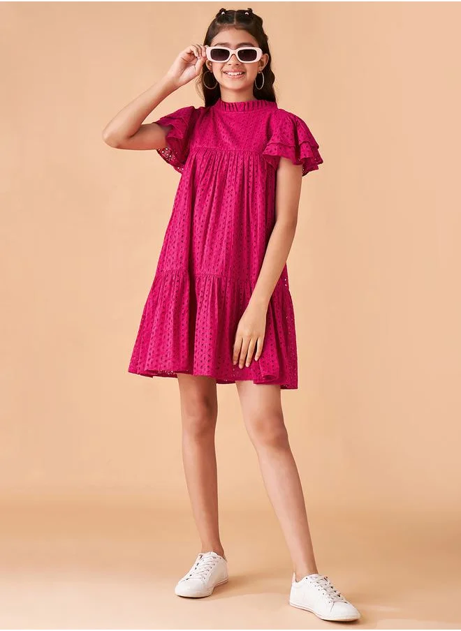 Styli Broderie Detail High Neck Tiered Dress