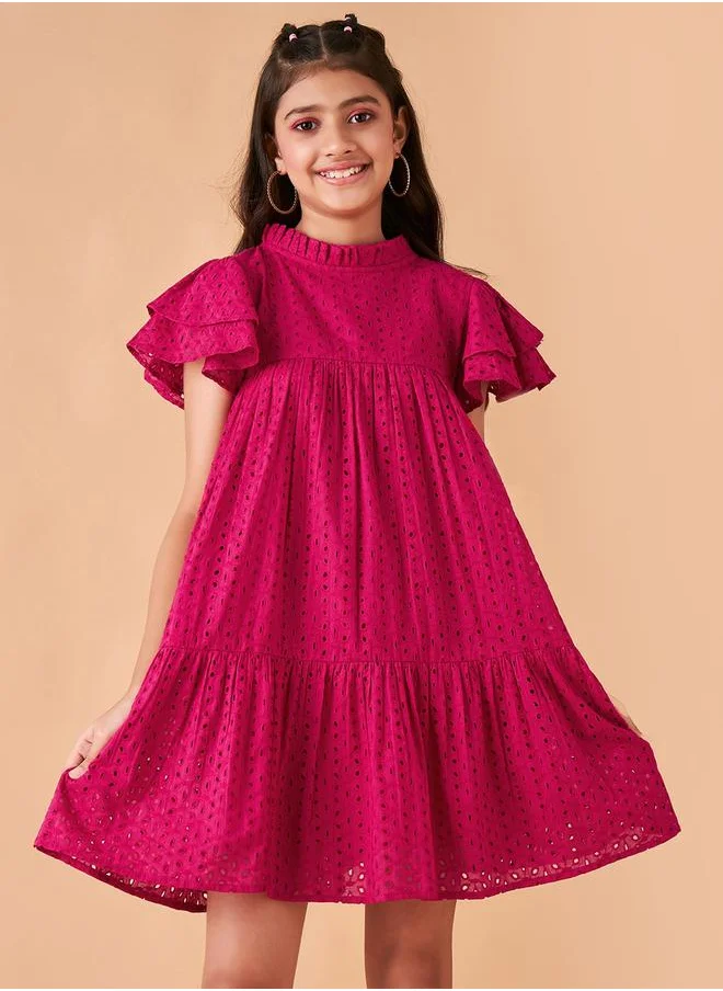 Styli Broderie Detail High Neck Tiered Dress