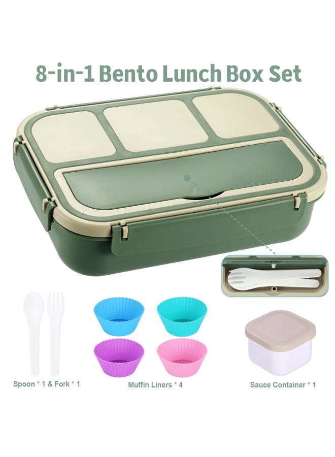 shell and turtle Bento Box Adult Lunch Box, Lunch Containers for Kids Girls Boys with 4 Compartments, Lunchable Food Container with Utensils, Sauce Jar, Muffin Liners, 40 Oz/5 Cup, Microwave & Dishwasher Safe, Green - Image 5