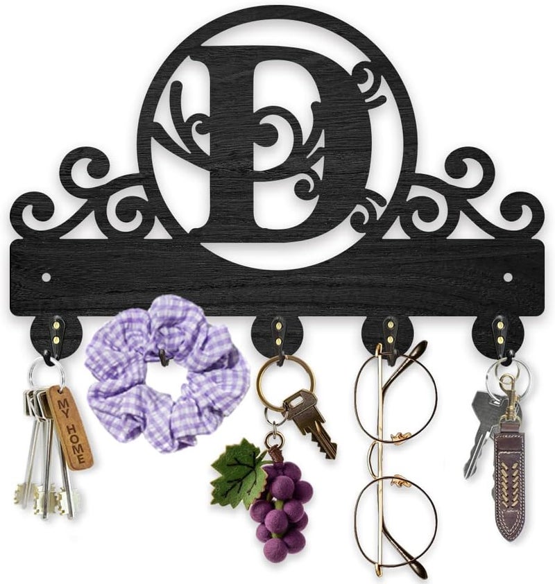 MAYJOYDIY Wooden Letter D Key Holder for Wall 11.8x7.8inch Vine Pattern Wall Mounted Key Rack Capital Alphabet Coat Hat Hook 5 Alloy Hooks for Entryway Front Door Hallway Wall Art Decor - Image 1