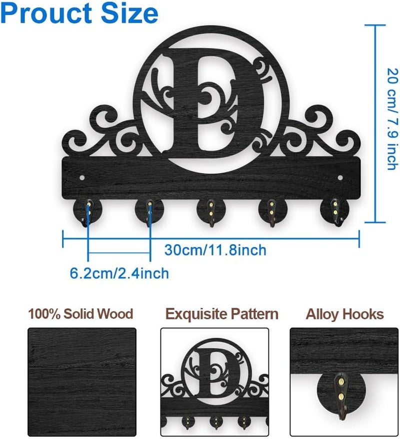 MAYJOYDIY Wooden Letter D Key Holder for Wall 11.8x7.8inch Vine Pattern Wall Mounted Key Rack Capital Alphabet Coat Hat Hook 5 Alloy Hooks for Entryway Front Door Hallway Wall Art Decor - Image 2