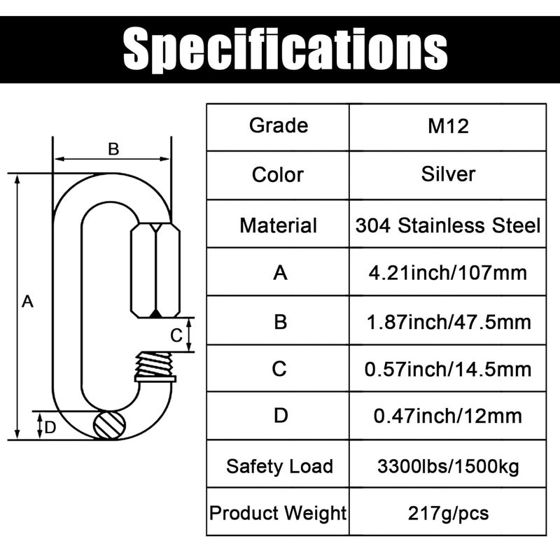 Anvin 1 Pack Large Quick Links M12 1/2 Inch Heavy Duty Carabiner Stainless Steel Chain Links Connector D Shape Locking Chain Hooks Repair Utility Screw Links for Camping Outdoor Equipment Hammocks - Image 5