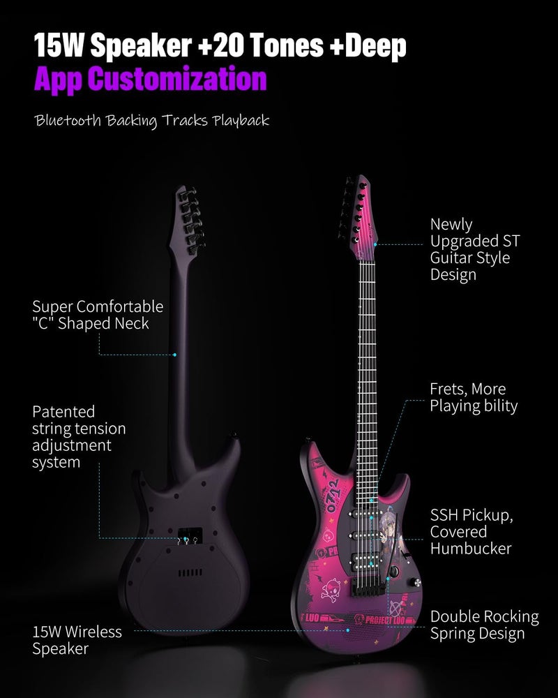 Enya Inspire 99.1cm Smart Electric Guitar with 15W Wireless Speaker and Guitar Bag - Image 2