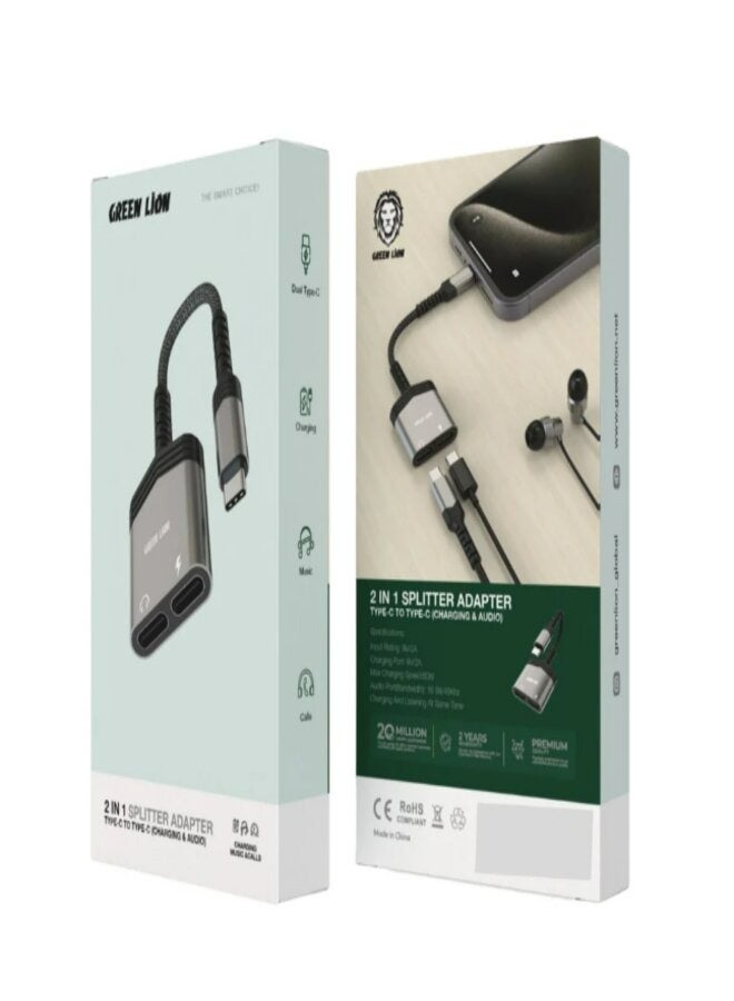 Green Lion 2 In 1 Splitter Adapter Type-C to Type-C (Charging & Audio) - Black - Image 1