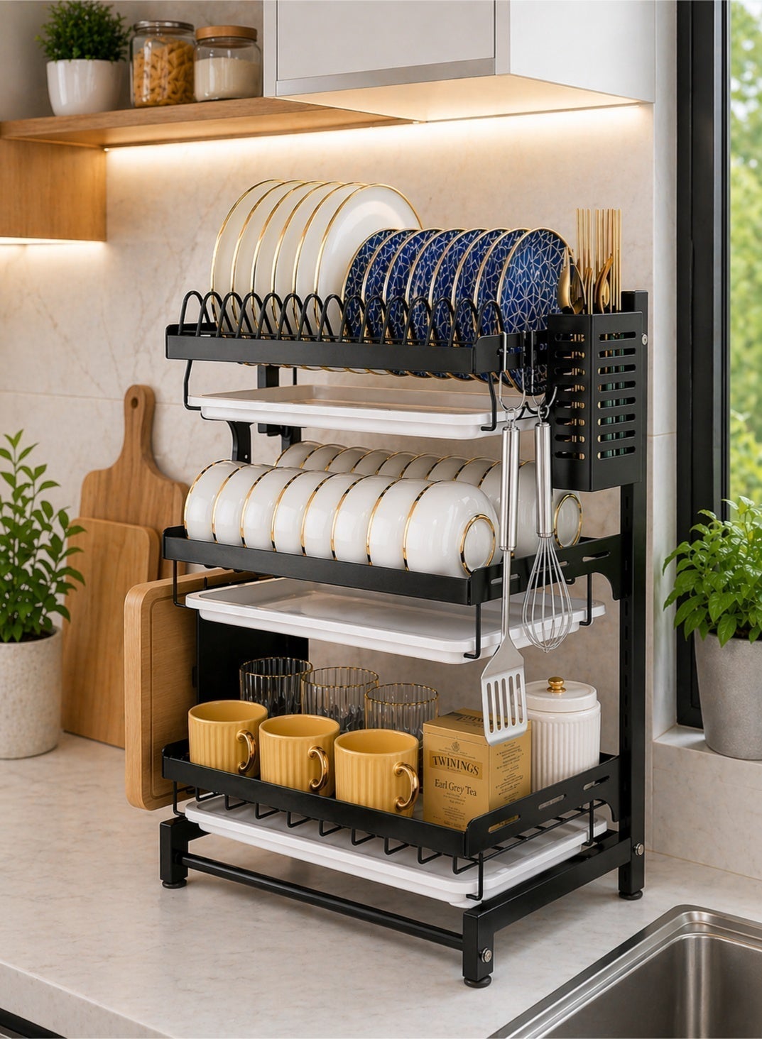 Stainless Steel Kitchen Dish Rack, Dish Drainer for Plates, Bowls, Cups, Cutting Boards, Utensils & Knife, Heavy Duty Rust-Resistant Plate Rack with Removable Trays, Space Saving Cutlery Drying Rack