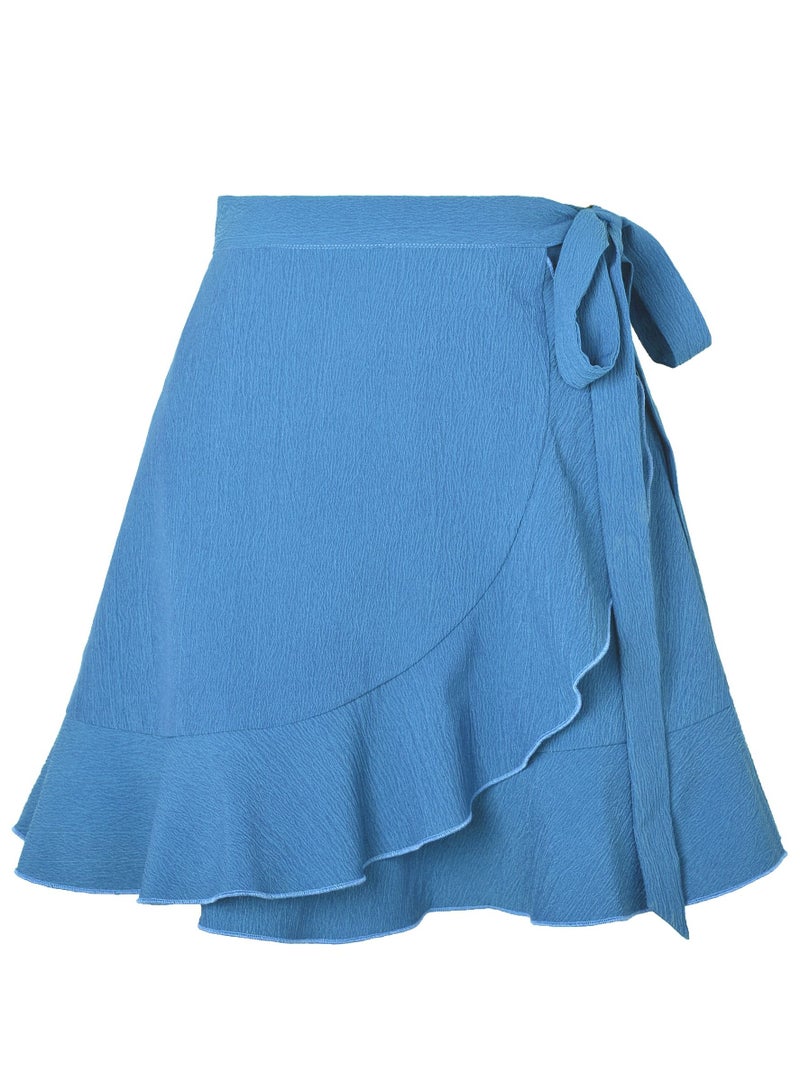 Loquat Women's Solid Color Ruffle Wrap Skirt Tie Waist Boho Mini Short Beach Skirt Blue  - Image 3