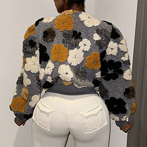 HOULENGS Women's Cropped Floral Print Fleece Bomber Jacket Casual Puff Sleeve Button Down Coats Winter Warm Outerwears Grey Large - Image 2