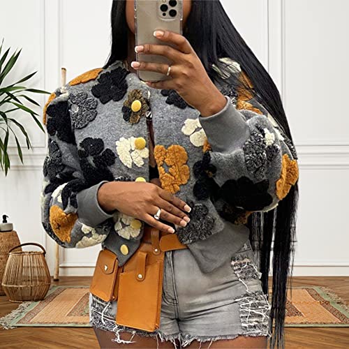 HOULENGS Women's Cropped Floral Print Fleece Bomber Jacket Casual Puff Sleeve Button Down Coats Winter Warm Outerwears Grey Large - Image 4