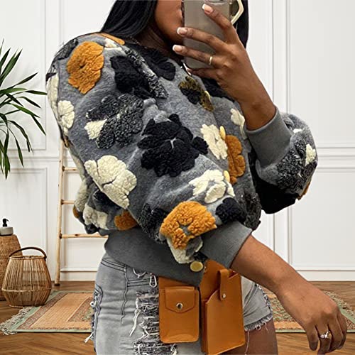 HOULENGS Women's Cropped Floral Print Fleece Bomber Jacket Casual Puff Sleeve Button Down Coats Winter Warm Outerwears Grey Large - Image 3