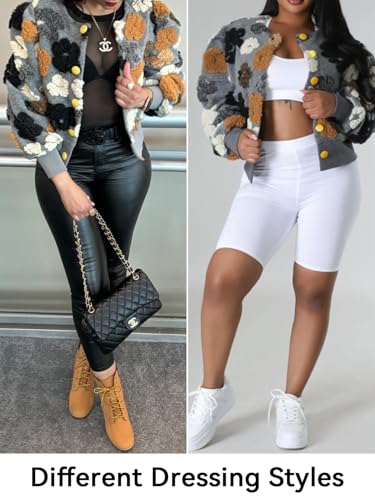 HOULENGS Women's Cropped Floral Print Fleece Bomber Jacket Casual Puff Sleeve Button Down Coats Winter Warm Outerwears Grey Large - Image 5