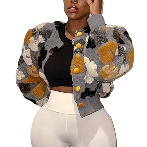 HOULENGS Women's Cropped Floral Print Fleece Bomber Jacket Casual Puff Sleeve Button Down Coats Winter Warm Outerwears Grey Large - Image 1