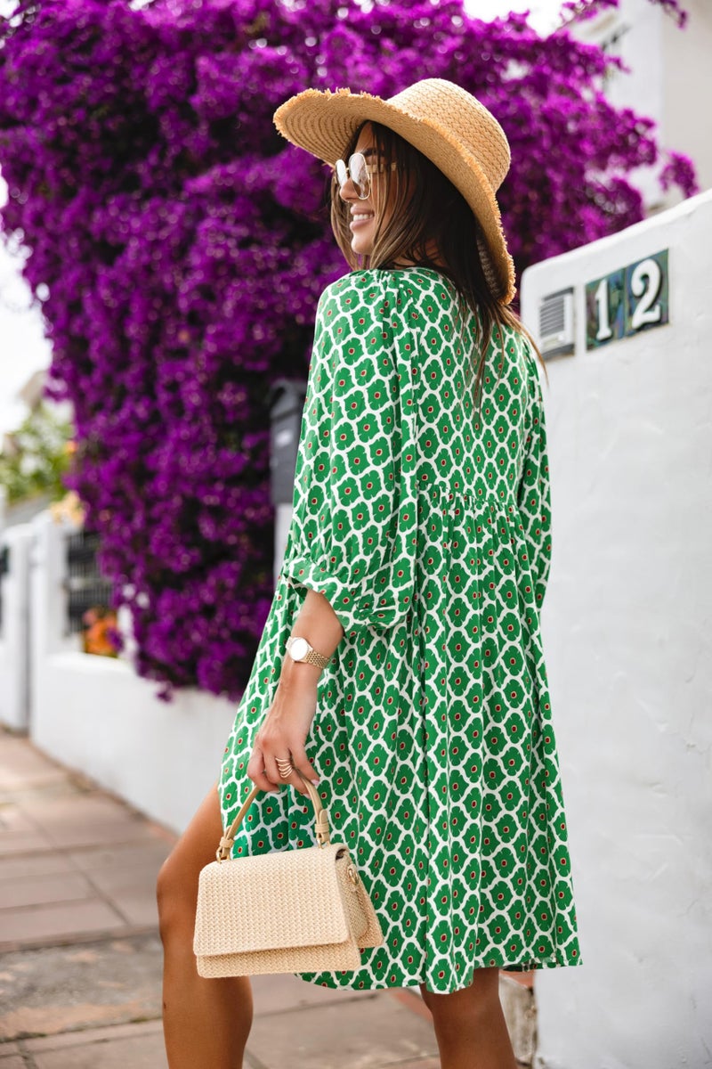 miduo Womens Casual Dresses Summer Half Sleeve V Neck Floral Bohemian Dress Boho Beach Mini Babydoll Shift Shirt Dress Green S - Image 5
