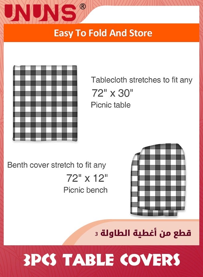 UNUNS غطاء مفرش طاولة وطاولة نزهة، مجموعة من 3 قطع، حافة مرنة من الفلانيل، غطاء بلاستيكي قابل للمسح، غطاء بلاستيكي من الفينيل للسلع المنزلية، فناء داخلي وخارجي - Image 4