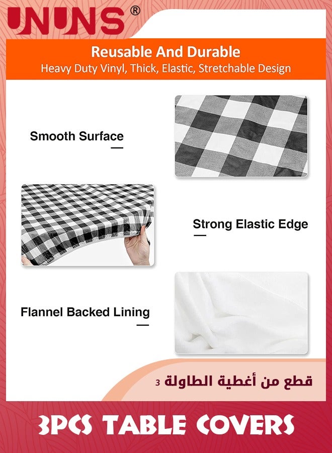 UNUNS غطاء مفرش طاولة وطاولة نزهة، مجموعة من 3 قطع، حافة مرنة من الفلانيل، غطاء بلاستيكي قابل للمسح، غطاء بلاستيكي من الفينيل للسلع المنزلية، فناء داخلي وخارجي - Image 3