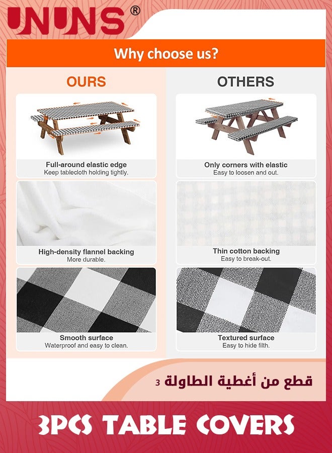 UNUNS غطاء مفرش طاولة وطاولة نزهة، مجموعة من 3 قطع، حافة مرنة من الفلانيل، غطاء بلاستيكي قابل للمسح، غطاء بلاستيكي من الفينيل للسلع المنزلية، فناء داخلي وخارجي - Image 5