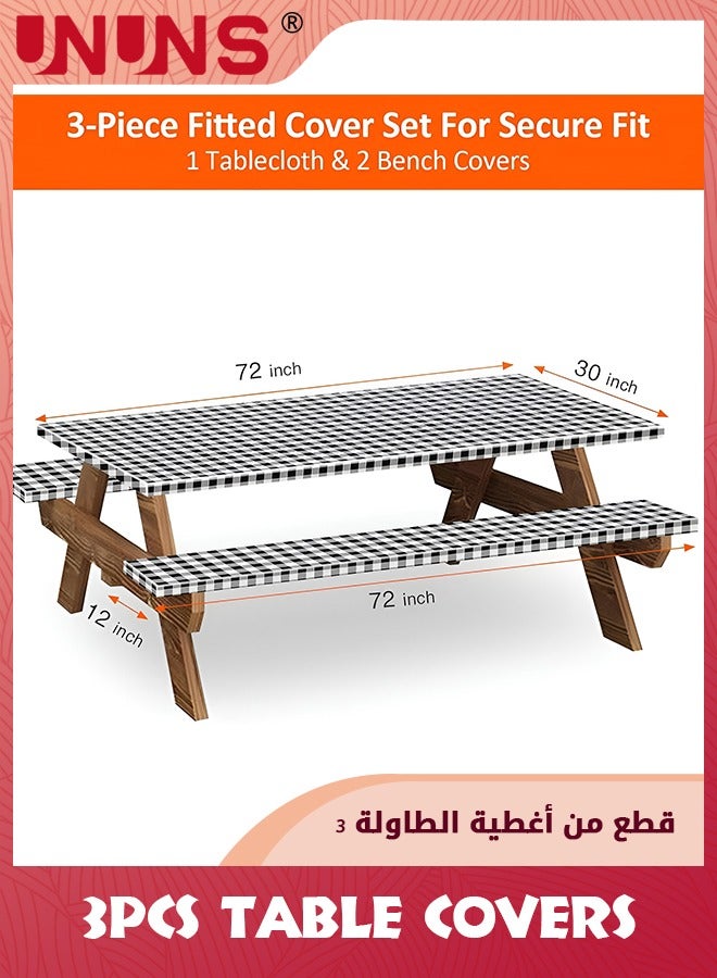 UNUNS غطاء مفرش طاولة وطاولة نزهة، مجموعة من 3 قطع، حافة مرنة من الفلانيل، غطاء بلاستيكي قابل للمسح، غطاء بلاستيكي من الفينيل للسلع المنزلية، فناء داخلي وخارجي - Image 2