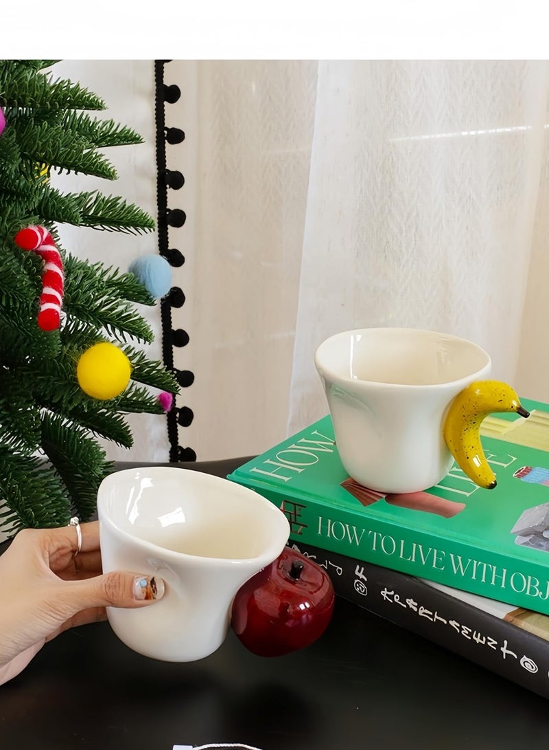 Ergonomically designed coffee cups featuring hand drawn red apples and white cups adorned with 3D fruit decorations, perfect for couples' birthdays (Red Apple)  - Image 3