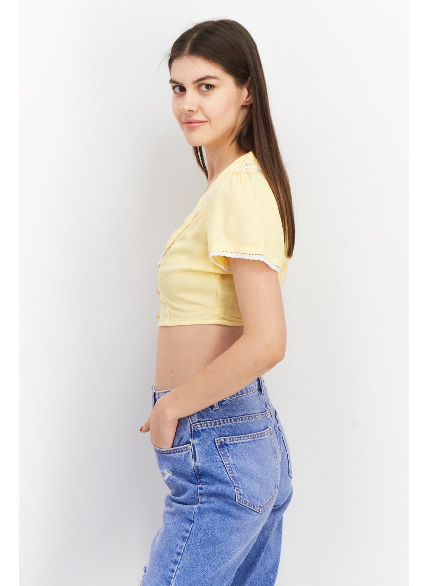 Asos Design - Women Plunging Neck Short Sleeve Plain Crop Top, Yellow - Image 1