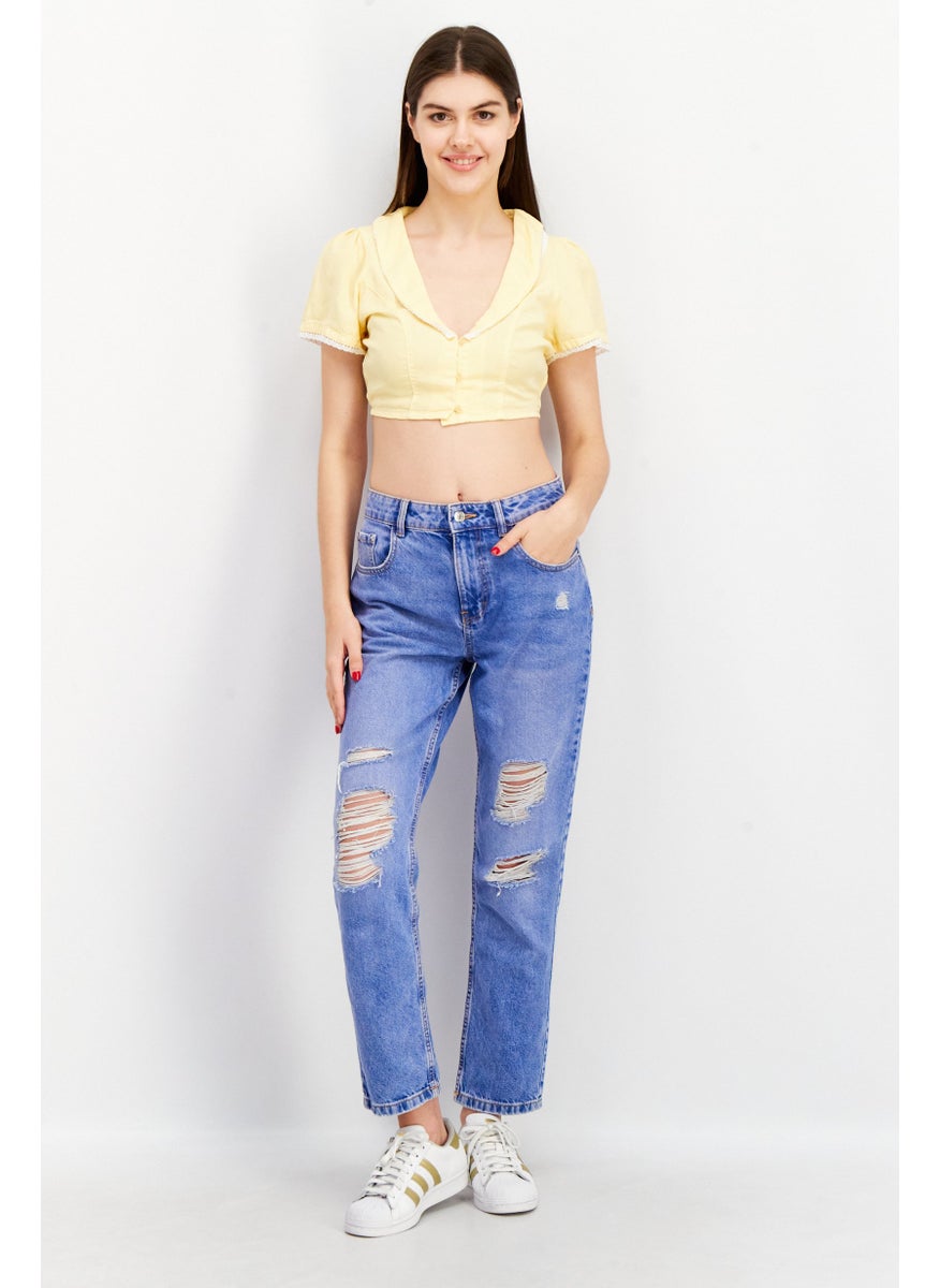 Asos Design - Women Plunging Neck Short Sleeve Plain Crop Top, Yellow - Image 1