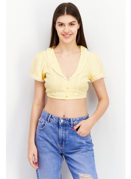 Women Plunging Neck Short Sleeve Plain Crop Top, Yellow