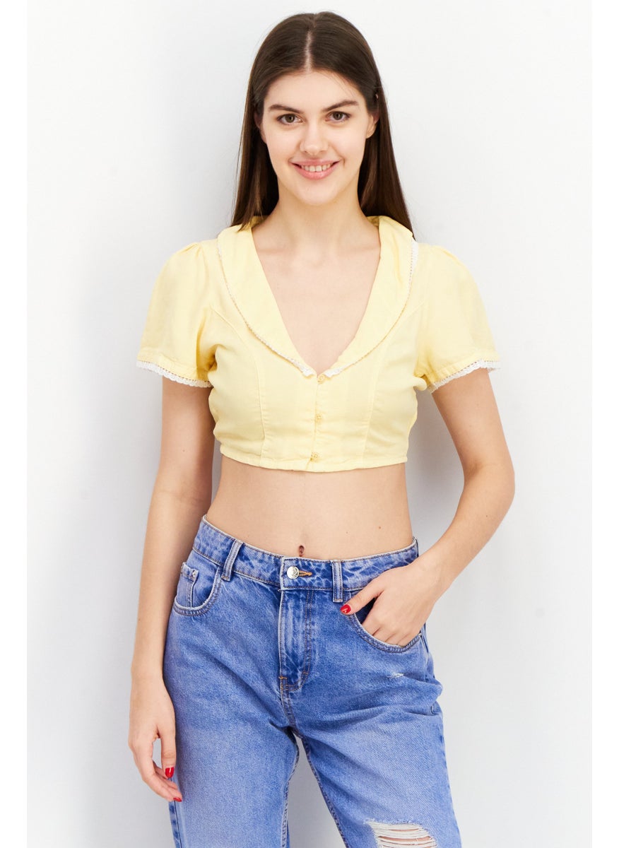 Asos Design - Women Plunging Neck Short Sleeve Plain Crop Top, Yellow - Image 1