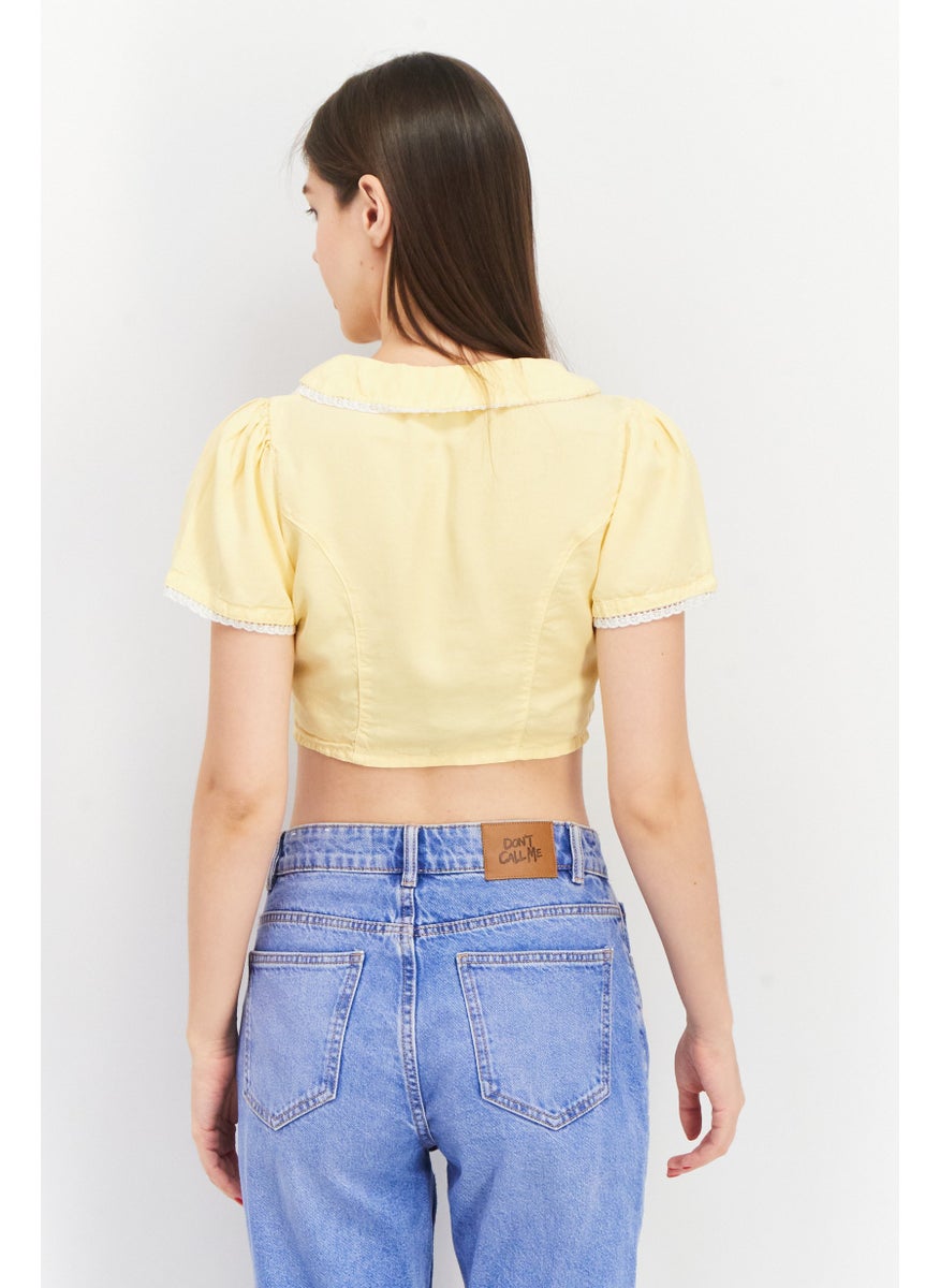 Asos Design - Women Plunging Neck Short Sleeve Plain Crop Top, Yellow - Image 1