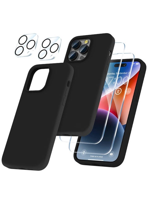 Liquid Silicone Case for 2022 iPhone 14 Pro Max 6.7 Inch with 2-Pack Screen Protector and 2-Pack Camera Lens Protector, Slim Full Coverage Screen Camera Case, Black