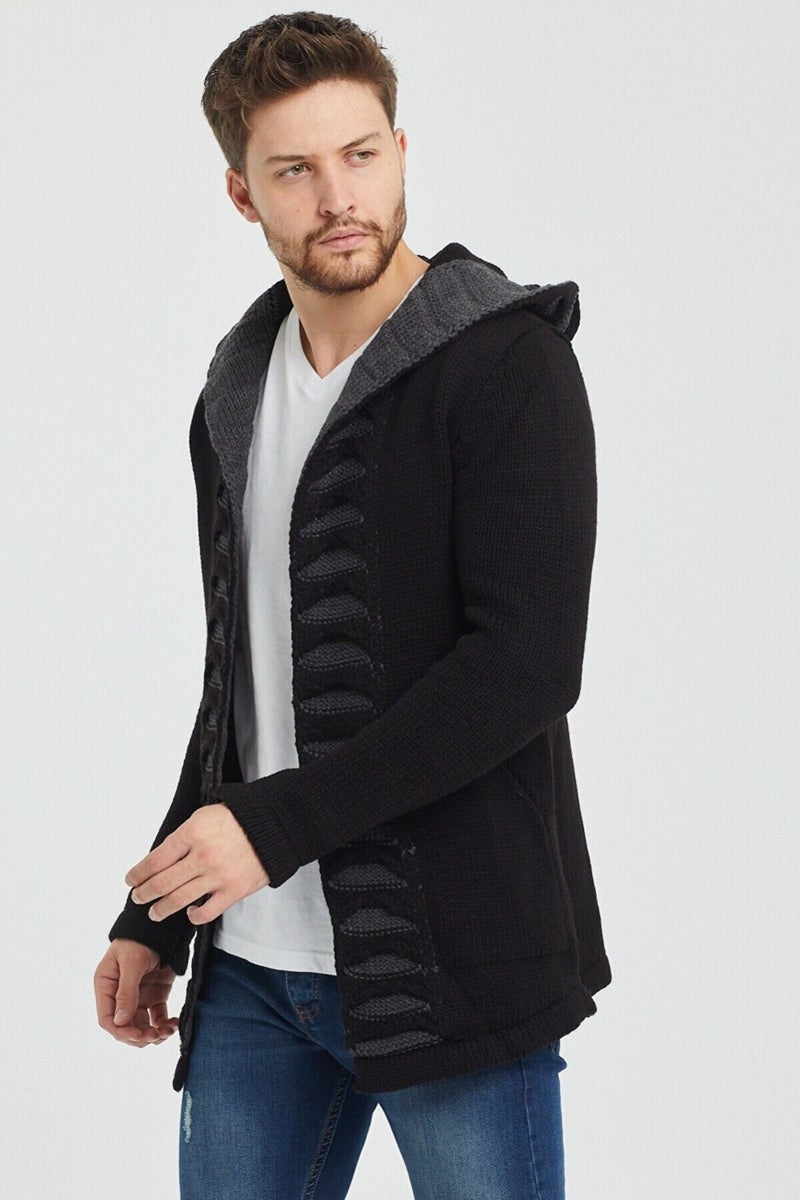 Cool Tarz Cool Style Men's Black Patterned Poncho Knitwear Cardigan  - Image 2