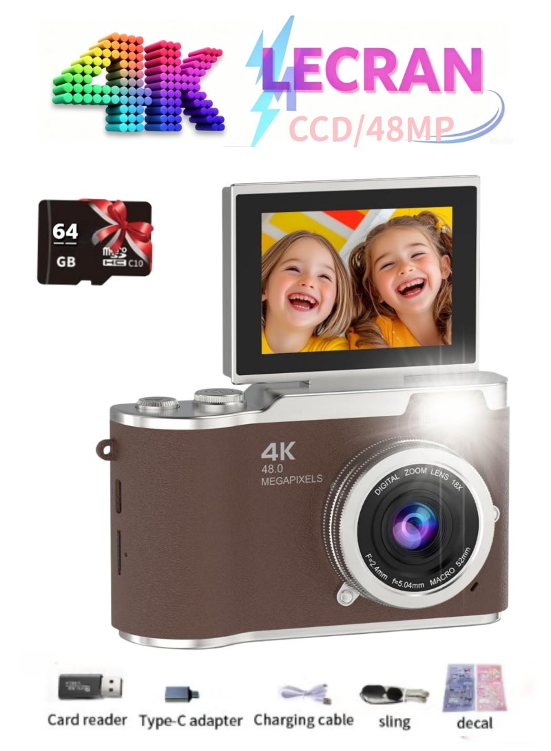 Lecran 4k CCD Digital Zoom Student Digital Camera 48MP Portable Digital Photography Camera 180° Flip Screen Selfie Camera，with 64GB SD card - Image 1