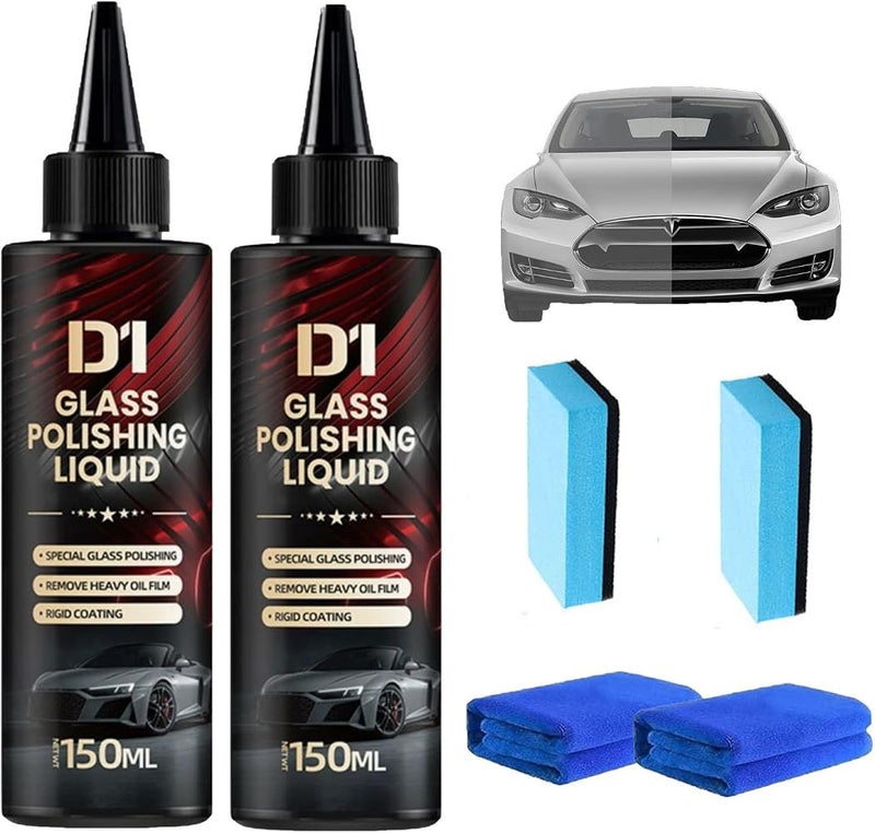 KLIFE 2Pcs Bianca Glass Polishing Liquid D1, Bomini Car Glass Polishing, Auto Compound Windshield Cleaner, Waterspot Oil Film Remover, Anti-Fog Hydrophobic Coating Spray with Sponge, Scratches, Oil Film - Image 1