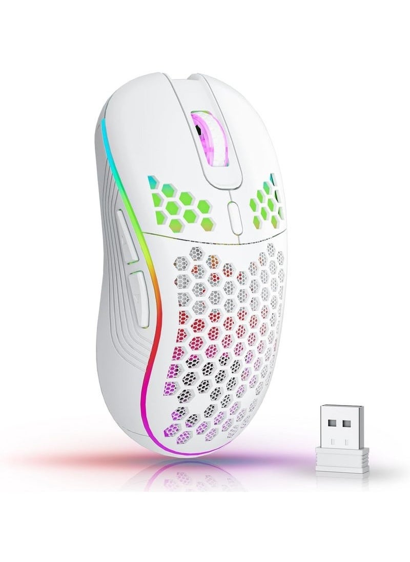 ATRJSZ - Wireless Mouse Wireless Gaming Mouse, Rechargeable Pc Mouse with RGB Backlight 6 Buttons Adjustable Lightweight Honeycomb Shell for Laptops, PC, Computers, Etc. (Wireless White) - Image 1