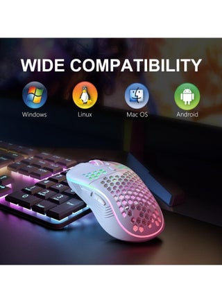 Wireless Mouse Wireless Gaming Mouse, Rechargeable Pc Mouse with RGB Backlight 6 Buttons Adjustable Lightweight Honeycomb Shell for Laptops, PC, Computers, Etc. (Wireless White) - view 2