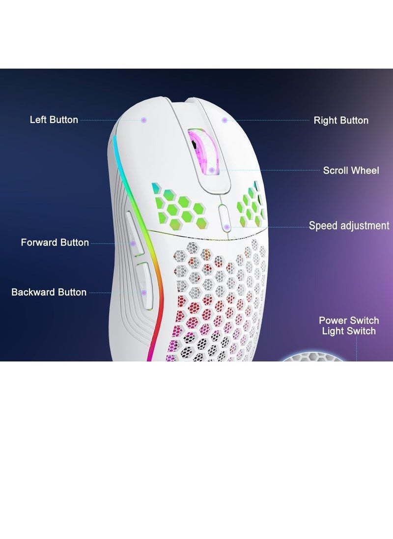 ATRJSZ - Wireless Mouse Wireless Gaming Mouse, Rechargeable Pc Mouse with RGB Backlight 6 Buttons Adjustable Lightweight Honeycomb Shell for Laptops, PC, Computers, Etc. (Wireless White) - Image 1