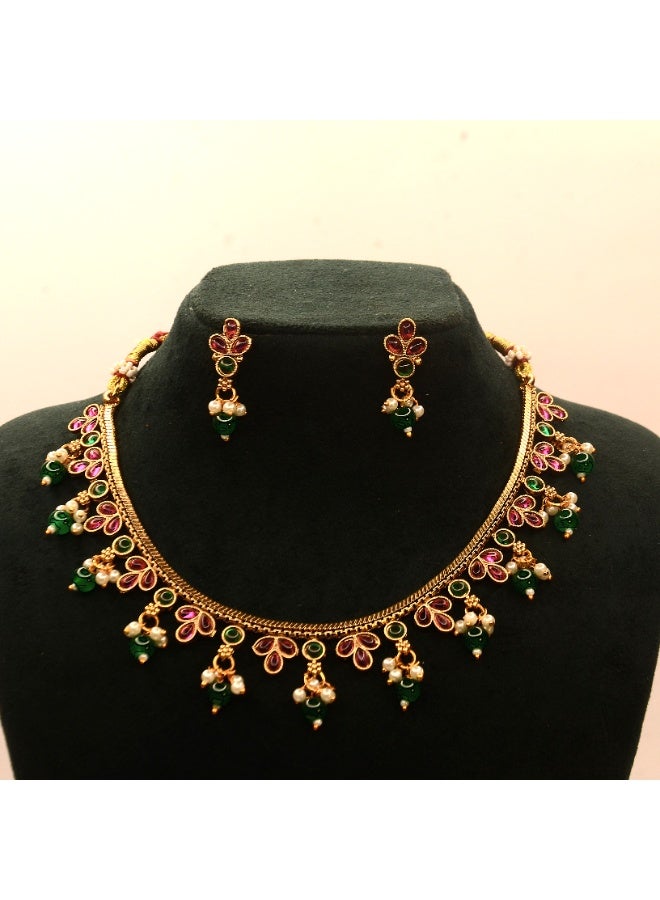 Antique Gold Finish Ruby Emerald Floral Necklace Set with Pearl & Green Bead Danglers - Image 1