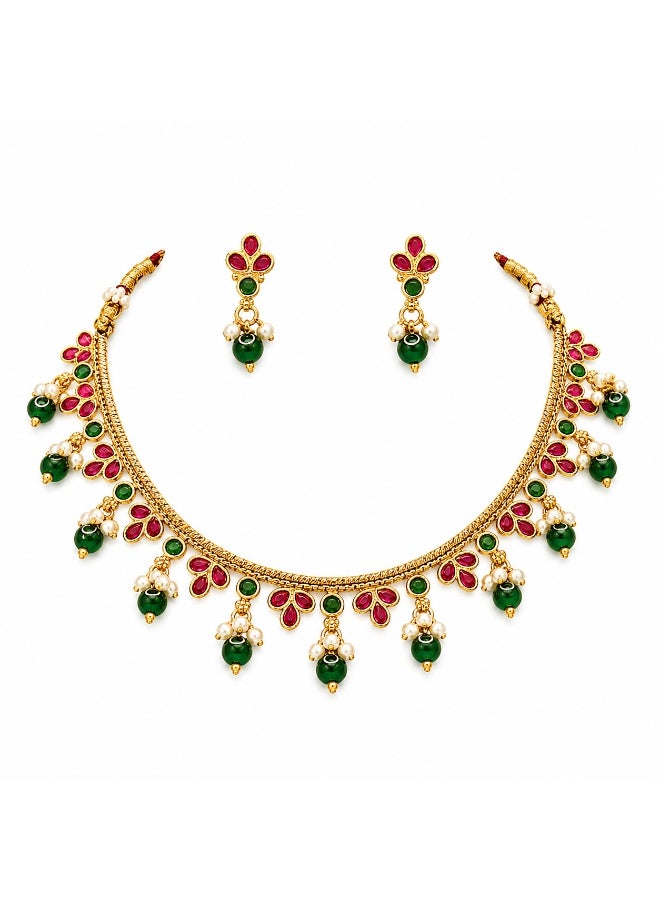 Antique Gold Finish Ruby Emerald Floral Necklace Set with Pearl & Green Bead Danglers - Image 3