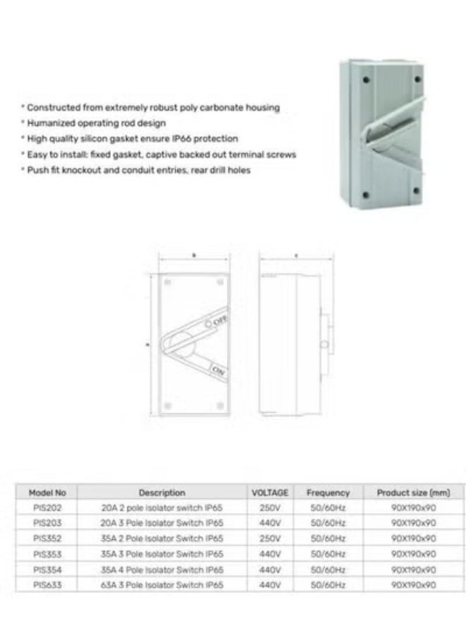 Litex Weather Protected Isolator Switch 20A 2 Pole 440V AC IP66 - Image 2