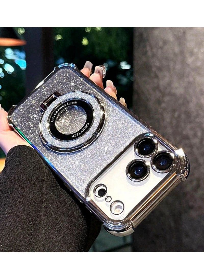 Magnetic Glitter Case for  iPhone  17 Pro Max  ， Bling Camera Lens Protector，Sparkly Stand，Support Wireless Charging， Luxury Gradient Shockproof iPhone 17 Pro Max Cover，Silver - Image 1