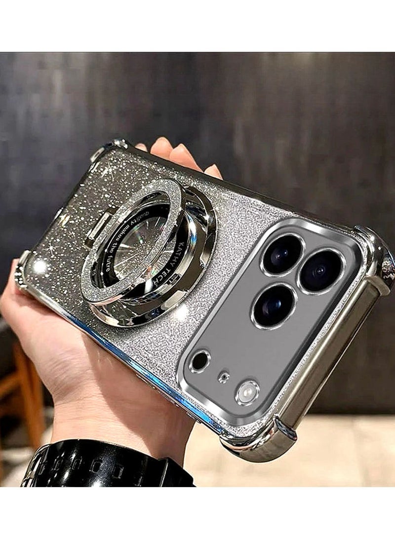 Magnetic Glitter Case for  iPhone  17 Pro Max  ， Bling Camera Lens Protector，Sparkly Stand，Support Wireless Charging， Luxury Gradient Shockproof iPhone 17 Pro Max Cover，Silver - Image 2