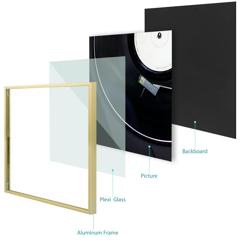 Golden State Art, Aluminum Album Frame Display 12.5x12.5 Vinyl Record, Brushed Metal Finish Records Frames, Acrylic Glass Front, for 12'' Album cover (1 Pack Gold) - Image 5
