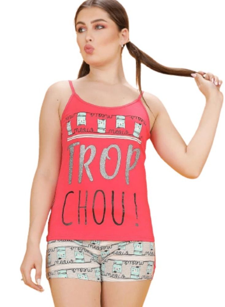 جنة طقم هوت شورت قطن بطبعات وحماله منزليه للنساء