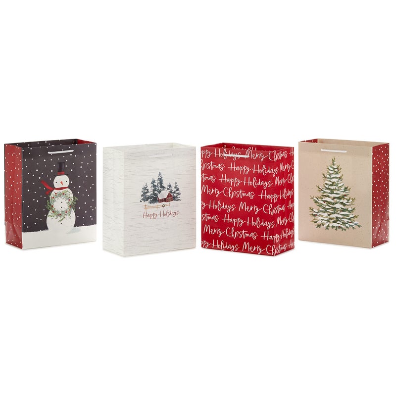 Hallmark 9"" Medium Christmas Gift Bags (4 Bags: Snowy Tree  Rustic Farmhouse  Snowman  ""Merry Christmas"") in Gray  Red  White  Brown - Image 1