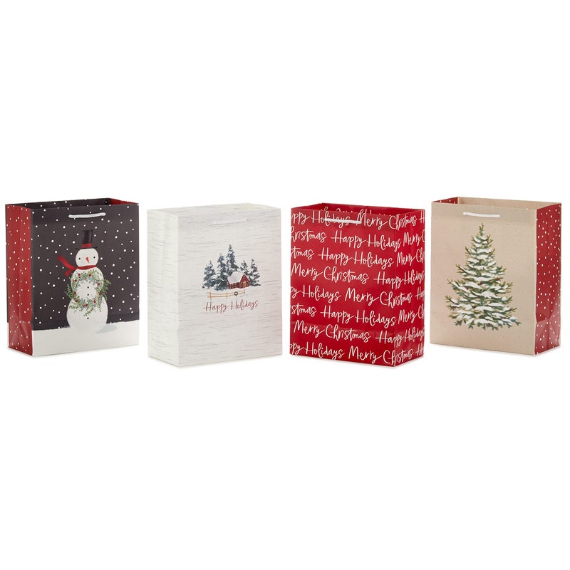 Hallmark 9"" Medium Christmas Gift Bags (4 Bags: Snowy Tree  Rustic Farmhouse  Snowman  ""Merry Christmas"") in Gray  Red  White  Brown - Image 4