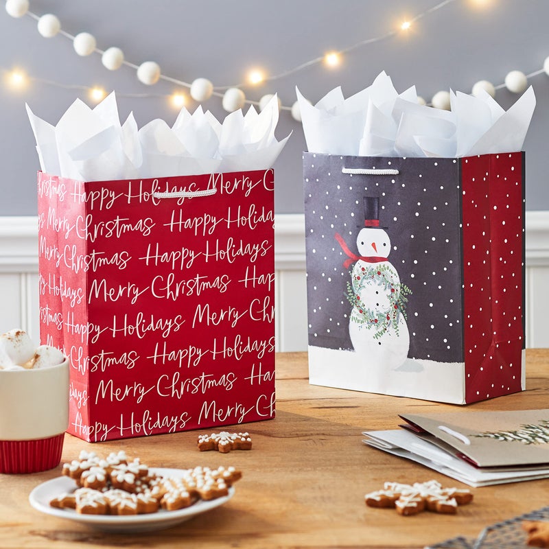 Hallmark 9"" Medium Christmas Gift Bags (4 Bags: Snowy Tree  Rustic Farmhouse  Snowman  ""Merry Christmas"") in Gray  Red  White  Brown - Image 2