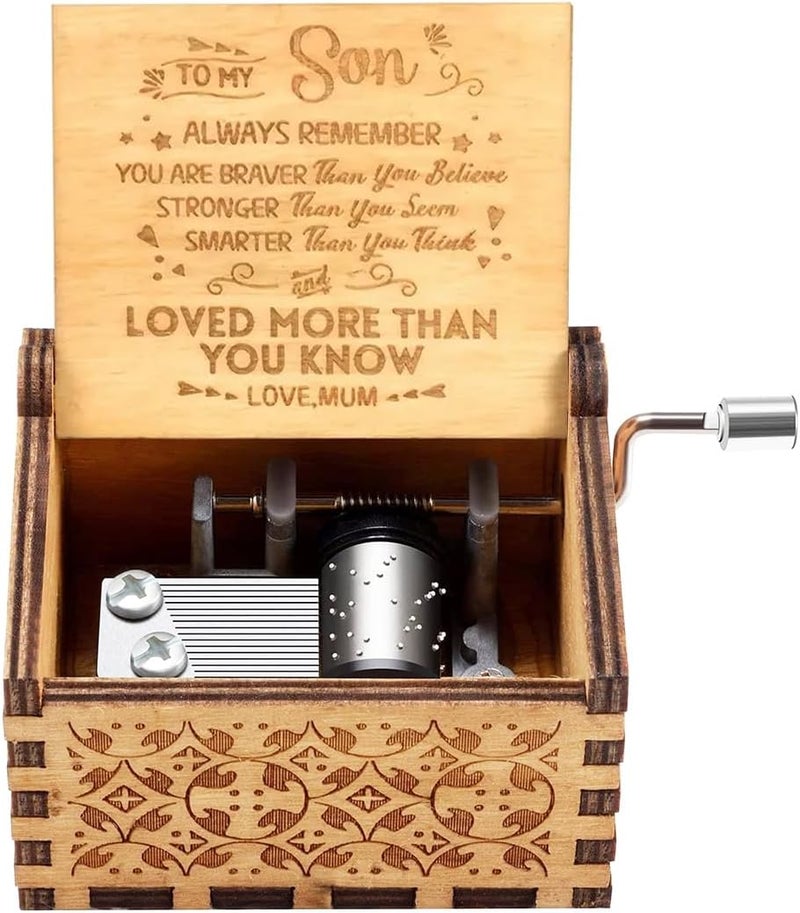 Muzero Wooden Hand Crank Music Box for Son from Mom, Christmas Birthday Gift for Son Melody You Are My Sunshine, Portable Keepsake Engraved with Inspirational Quotes - Image 1