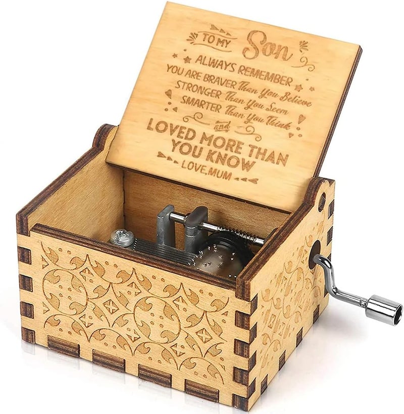Muzero Wooden Hand Crank Music Box for Son from Mom, Christmas Birthday Gift for Son Melody You Are My Sunshine, Portable Keepsake Engraved with Inspirational Quotes - Image 2