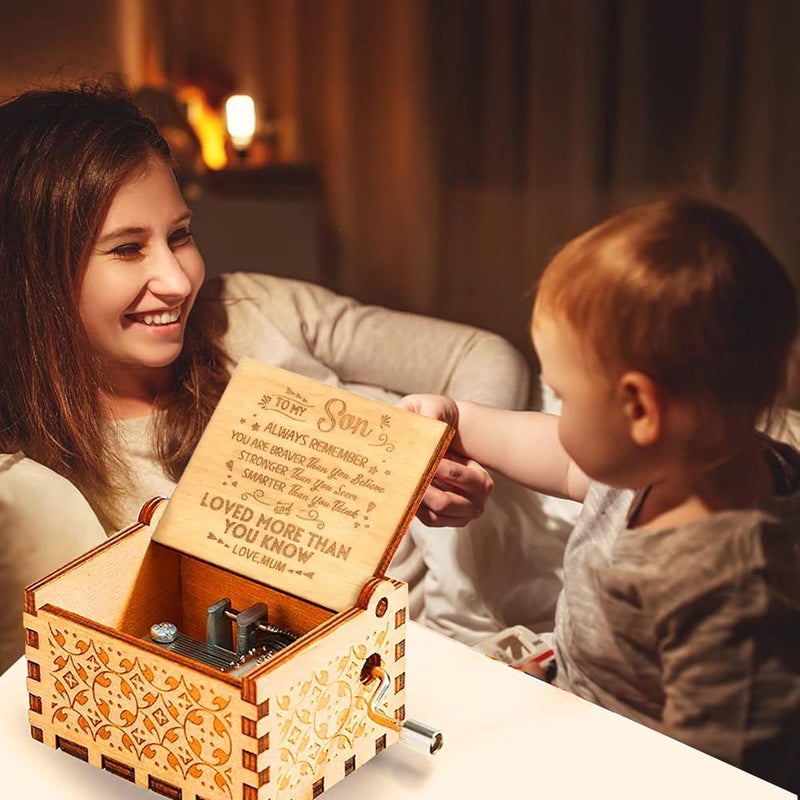 Muzero Wooden Hand Crank Music Box for Son from Mom, Christmas Birthday Gift for Son Melody You Are My Sunshine, Portable Keepsake Engraved with Inspirational Quotes - Image 3