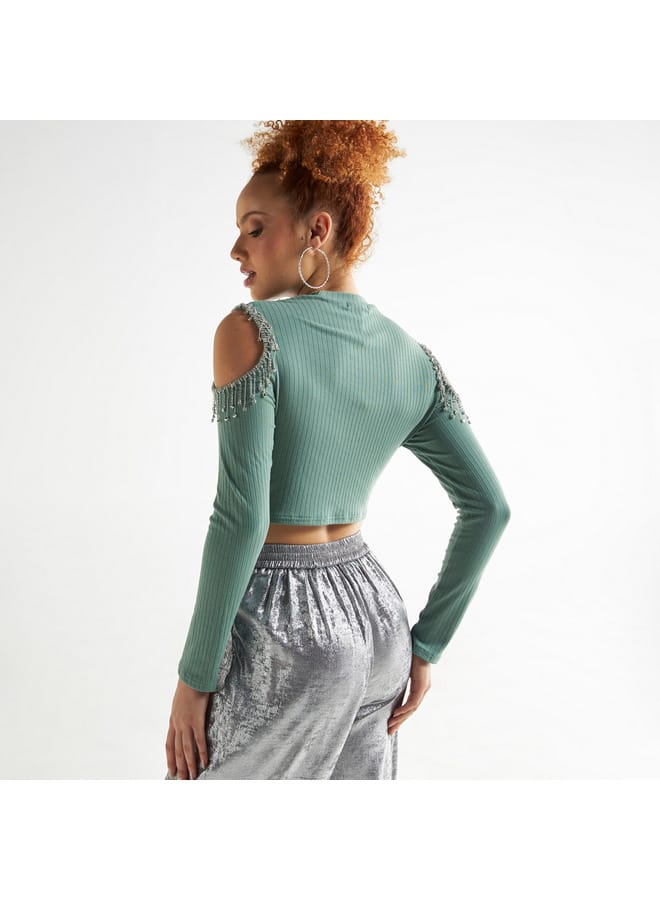 Splash FAV Embellished Crop T-shirt with Cold Shoulder Detail  - Image 3
